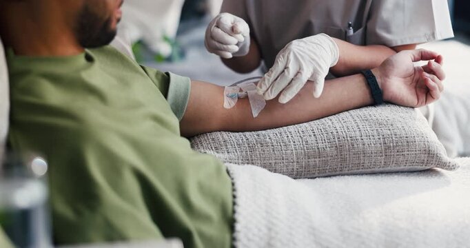 Nurse, hands or patient with IV drip for injection, infusion or healthcare treatment in clinic. Closeup, health worker or doctor with artery vein or nutrition for medical remedy, vitamins or medicine
