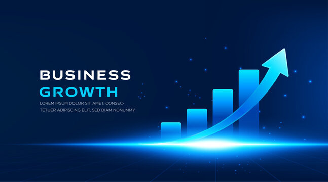 Business growth vector background with rising bar chart and arrow for banner design.Dark blue futuristic technology grid texture perfect for financial presentations and corporate marketing