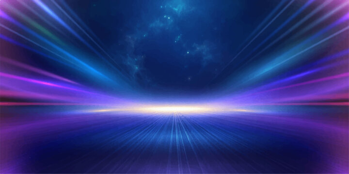 A dazzling abstract background featuring a futuristic stage with vibrant streaks of blue and purple light, creating a sense of energy and motion with a glowing focal point.