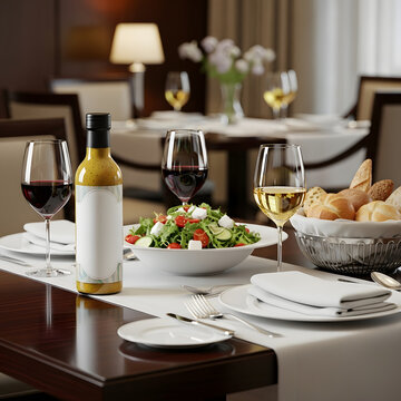 Salad dressing bottle mockup displayed on fine dining table with wine glasses and bread