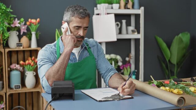 Man florist in green apron holds smartphone to ear while writing on clipboard with pen and hand on counter inside a shop building; calm focus.