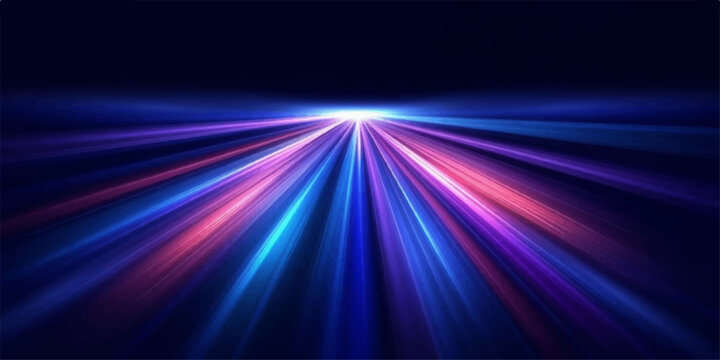 Abstract light streaks in vibrant neon blue and pink hues converge towards a bright central point on a dark background, creating a sense of speed and futuristic energy.
