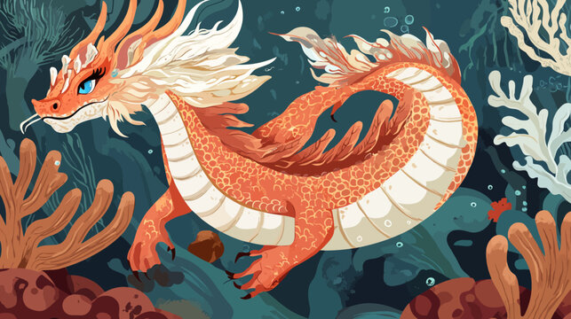 A vivid orange sea dragon glides among lush underwater coral, reefs, and swirls