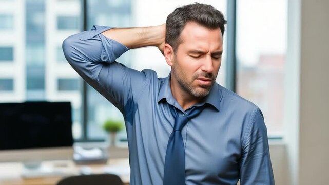 Stressed middle aged businessman with visible underarm sweat stains on blue shirt in office, concept of hyperhidrosis, anxiety, nervousness, and workplace pressure