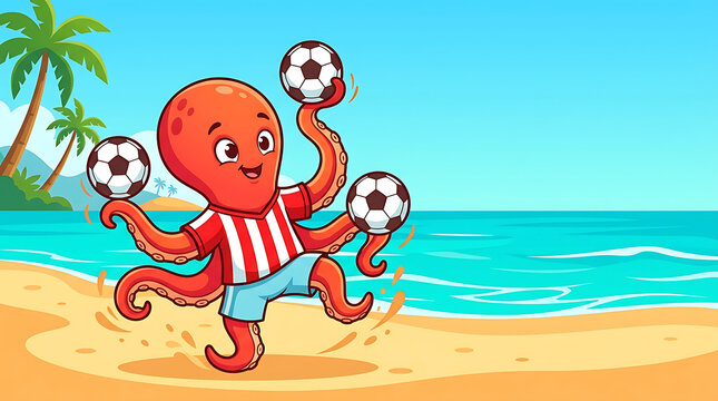 Cute Cartoon Octopus Playing Soccer on a Sunny Beach