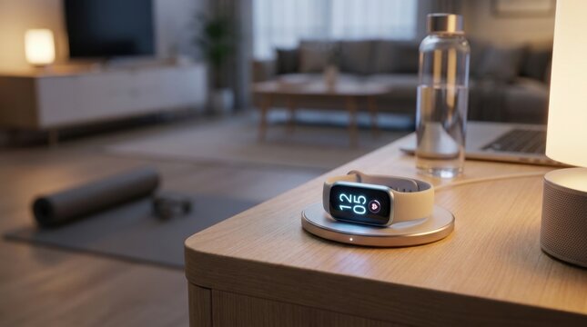Modern white smart fitness tracker with digital screen displaying time and heart rate, charging on a wireless pad on a wooden desk in a blurred contemporary living room setting.