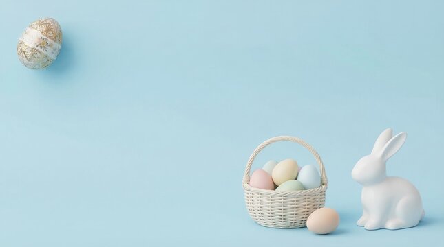 Easter bunny sculpture beside basket of pastel eggs and single decorative egg on blue backdrop.