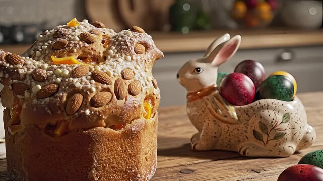 Delicious Easter Bread and Festive Bunny with Eggs on Wooden Table.
