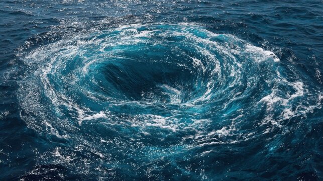 Massive swirling vortex of oceanic currents creating a powerful whirlpool effect in deep blue water.