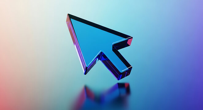 3D render of a blue computer mouse cursor arrow isolated on a soft gradient background representing digital interaction with technology interface internet navigation computing software isolated