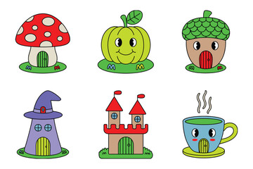 Cute cartoon fantasy collection featuring mushroom house pumpkin acorn witch hat castle and coffee cup in whimsical vector style © MstMaya