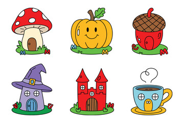 Magical cartoon clipart set with mushroom cottage pumpkin acorn castle witch hat and coffee cup for fantasy themed designs © MstMaya