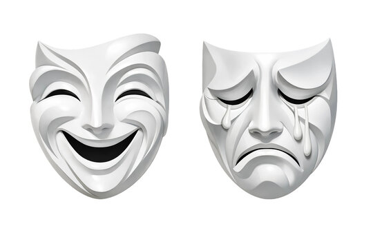 Two white comedy and tragedy masks on transparent background