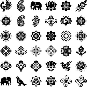 Collection of black Indian paisley floral and animal motifs against a white background