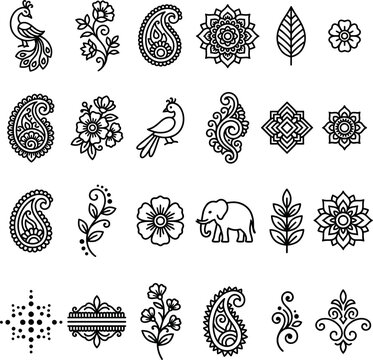 Decorative Henna Paisley Elephant Flower Bird Leaf Mandala Designs for Body Art and Crafts