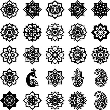 Decorative mandala patterns and paisley motifs with a peacock and hamsa hand on white background for graphic design