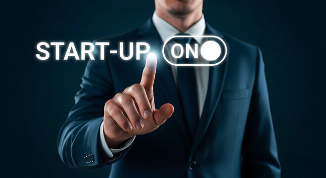 Businessman pushing virtual button to activate startup business or new project idea