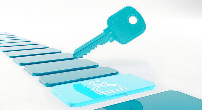 Blue key resting on a series of blue digital steps representing access with security solution technology progress strategy business information protection connection development password