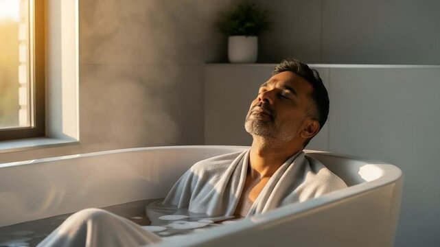 Middle aged man relaxing in a warm bathtub at home, wearing a robe, enjoying a peaceful spa wellness moment, self care and stress relief concept, high angle view