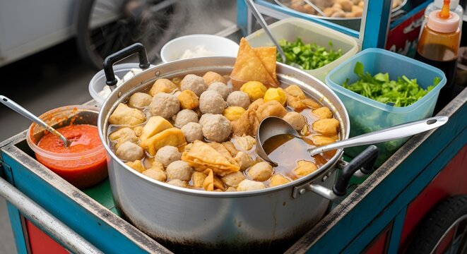 Traditional Bakwan Malang Indonesian Street Food Cart with Meatballs and Fried Dumplings