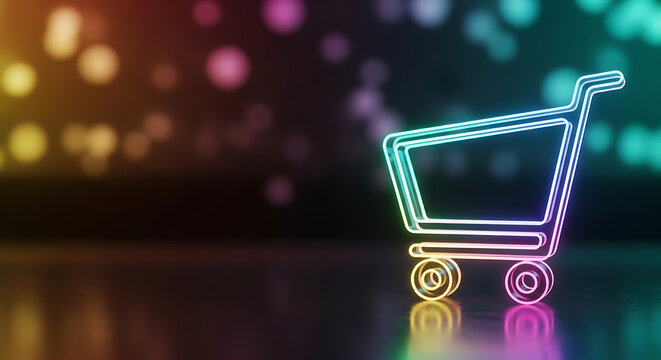 Glowing neon shopping cart outline on dark blurred background representing digital commerce with e commerce shopping commerce business marketing abstract background technology purchase