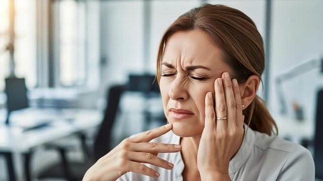 Stressed Caucasian woman suffering from intense jaw pain or TMJ disorder in a modern office, dental discomfort concept, professional woman experiencing facial ache at work