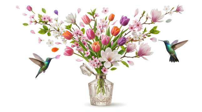 Two iridescent hummingbirds flank a spectacular exploding spring bouquet of tulips, magnolias, and cherry blossoms bursting from a crystal perfume bottle on white.