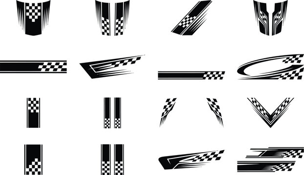 Collection of checkered racing decals and monochrome vector graphics for sports car hood, door panels, and automotive vinyl wrap design elements