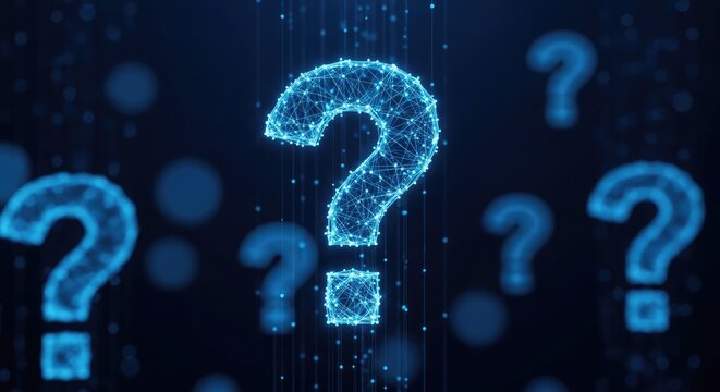 Neon technology concept with glowing blue question marks and futuristic network connections