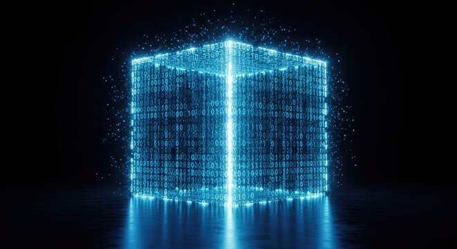 Neon technology cube digital data stream with binary code futuristic cyber security concept