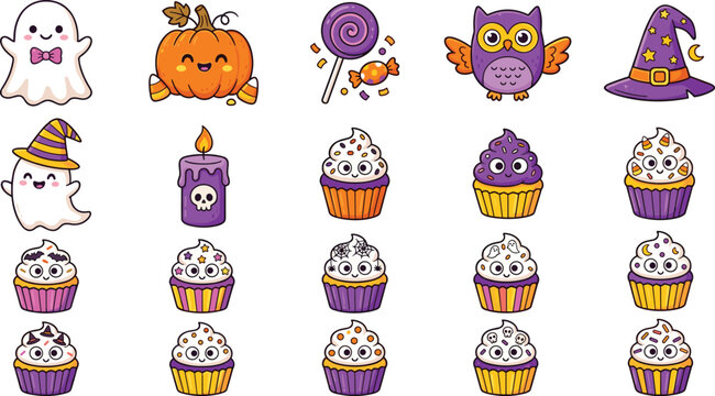 Cute Kawaii Halloween Vector Icon Set Featuring Spooky Ghosts, Pumpkins, Witch Hats, Owls, and Sweet Cupcake Characters for Festive Party Decor and Digital Stickers