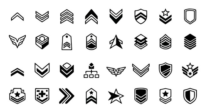 Military rank insignia icons set, black chevron and sergeant stripes vector collection, army badge and navy officer symbols for gaming and UI