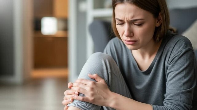 Young Caucasian woman crying in physical pain holding her injured knee at home, suffering from acute joint ache, chronic arthritis, or sports injury, concept of health distress