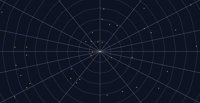 Abstract circular radar chart with scattered orange points over dark blue grid background.