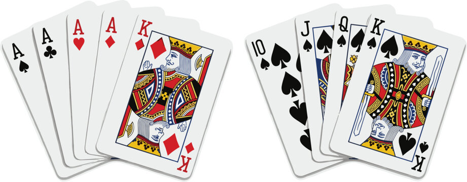 Winning Poker Hands Vector Illustration Featuring Four Aces with King and a Spade Royal Flush for Casino Gambling Online Gaming and Bet Promotion Designs