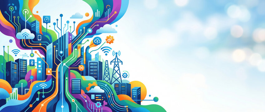 Abstract smart city technology network illustration with cloud computing wireless infrastructure and digital connectivity