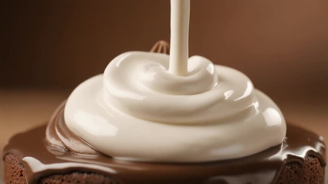 A luxurious close-up captures a decadent stream of white, smooth cream cascading over a rich chocolate dessert, creating an irresistible treat for any occasion