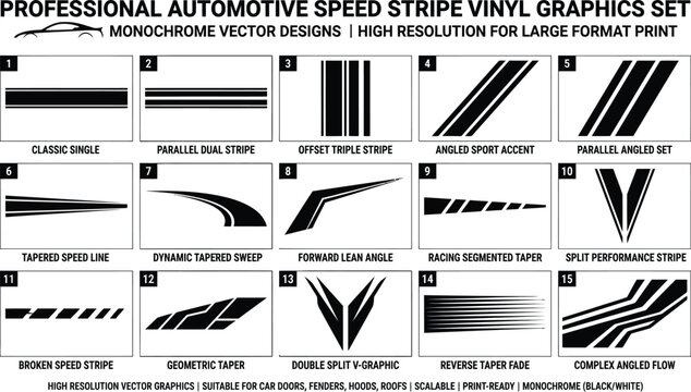 Professional automotive speed stripe vinyl graphics set featuring monochrome vector designs for high resolution large format car print layouts