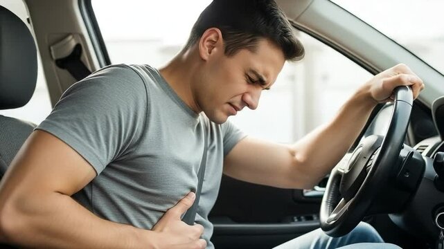 Young man suffering from sudden heart attack or chest pain while driving a car, medical emergency concept, health crisis behind the wheel, driver in distress, acute illness