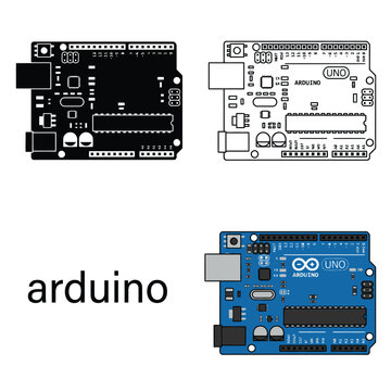 Arduino uno microcontroller board icon set with black and color versions on transparent background.