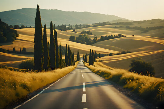 scenic road through rolling tuscan hills with cypress trees at sunset