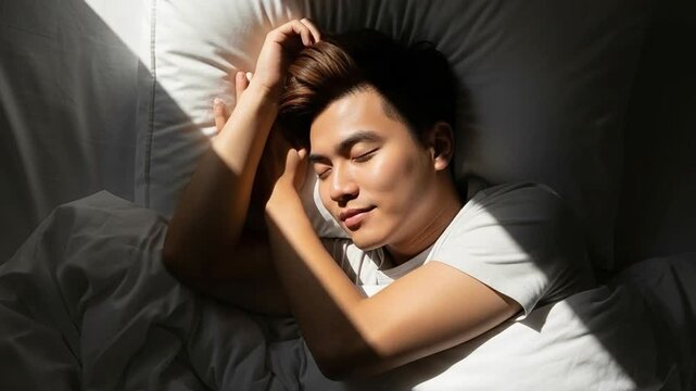 Young Asian man sleeping peacefully in bed during morning sunlight, concept of healthy rest, deep sleep, relaxation, wellness, and comfortable home lifestyle