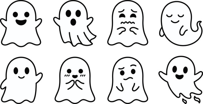 A set of eight cartoon ghost characters with different facial expressions on isolated white background