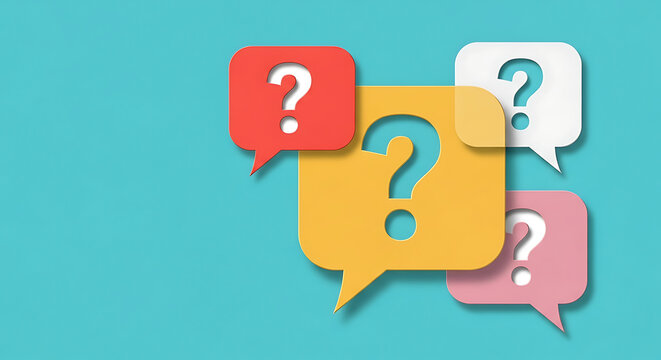 Colorful speech bubbles featuring question marks symbolizing frequently asked questions question communication business information customer discussion dialogue colorful