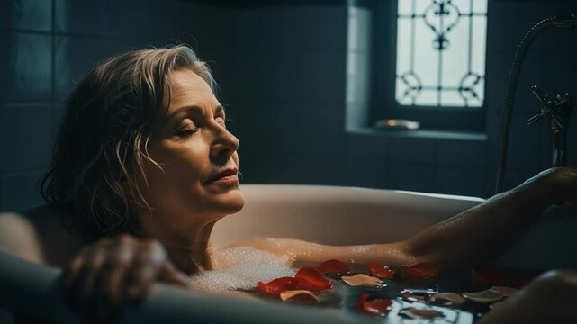 Mature woman relaxing in a bathtub with rose petals, enjoying a peaceful spa day at home, self care concept for middle aged female wellness and rejuvenation