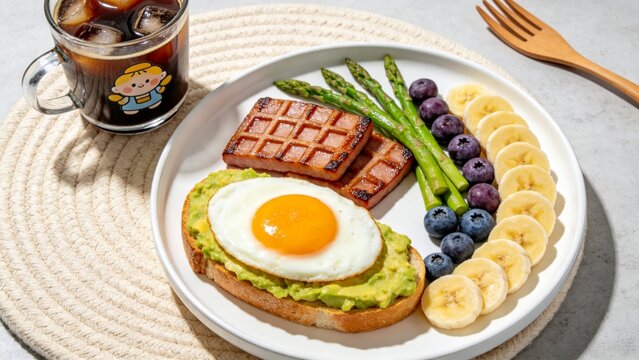 Healthy Breakfast Plate with Avocado Toast Egg Waffle Fruit and Iced Coffee