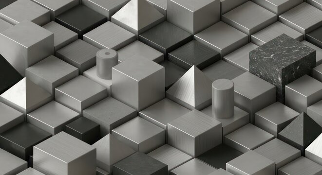 Abstract 3d composition of textured gray cubes and pyramids