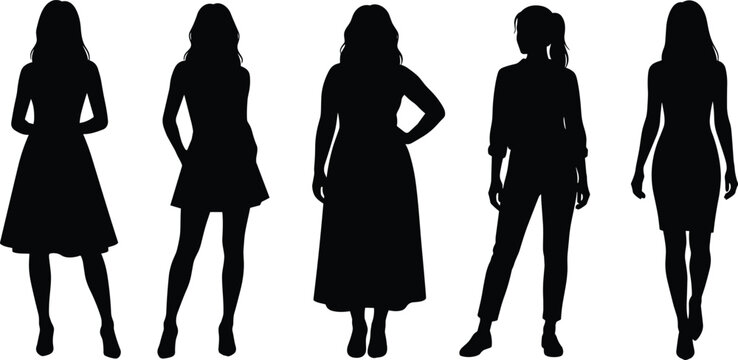 Silhouette vector illustration of a diverse group of confident women standing in a row in front view poses