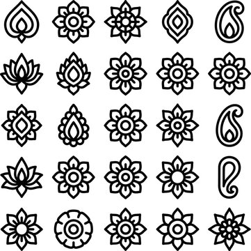 Floral and Paisley Patterns Isolated on White Background Simple Line Art Decorative Elements