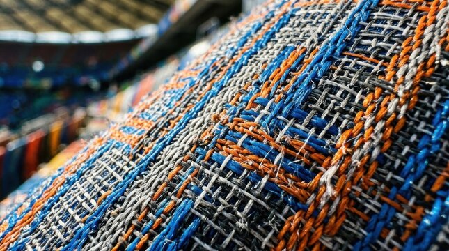 Extreme macro shot of woven synthetic stadium seat fabric featuring blue, orange, and grey fibers, highlighting the intricate textile pattern and texture with a blurred arena background.